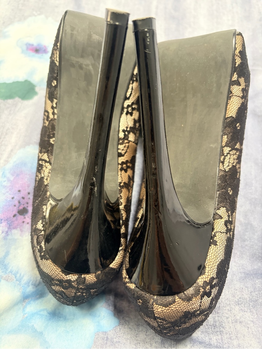 Shoe Dazzle Black Lace over Nude Platform Stiletto Heels - Picture 5 of 5